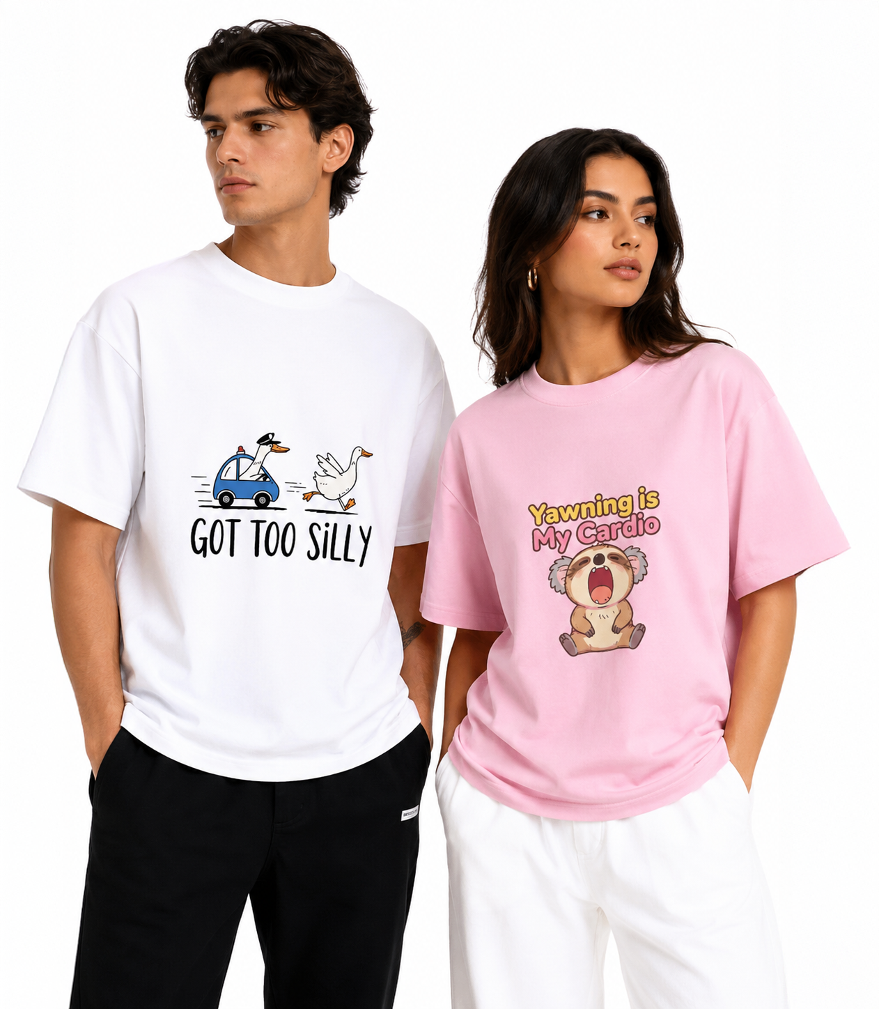 A man in a white oversized GoRizzzy t-shirt and a woman in a pink oversized GoRizzzy t-shirt